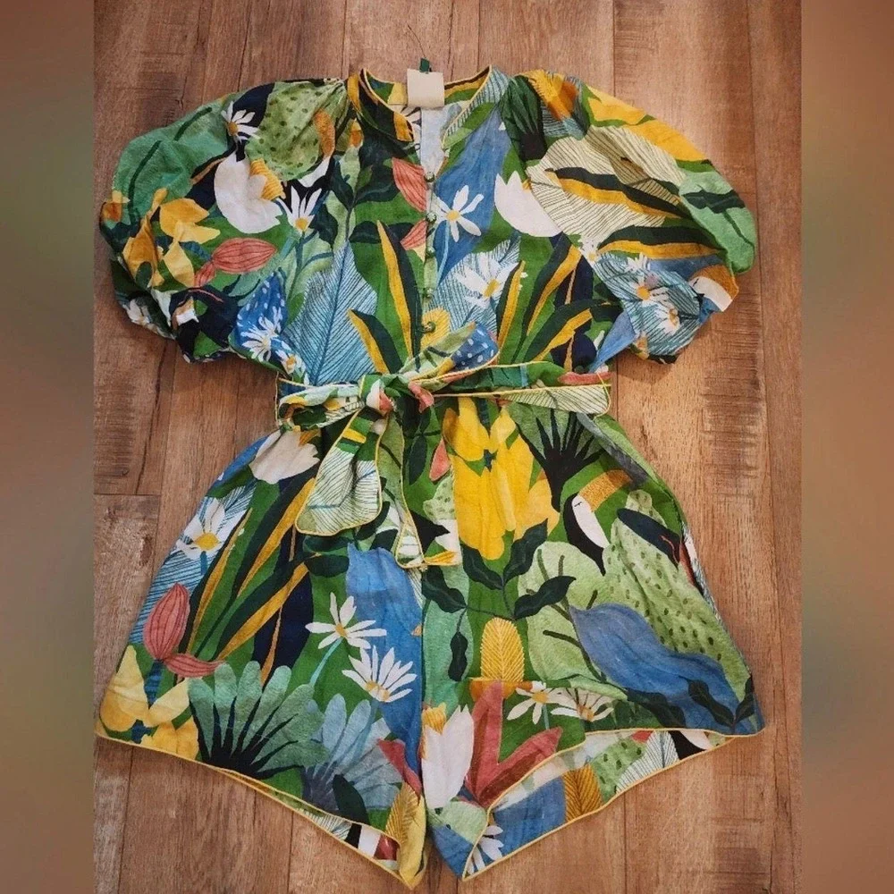 Farm Rio Tropical Print Romper Size S‎ New Without Tags Belted Shorts Jumpsuit - Picture 5 of 7